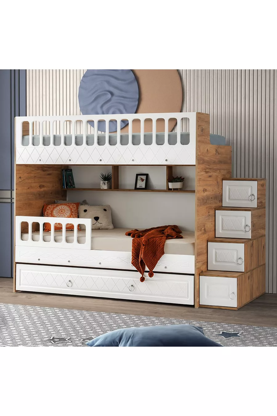 Lits superposés avec petit-fils Émeraude, support en acier, revêtement en membrane, 100% MDF