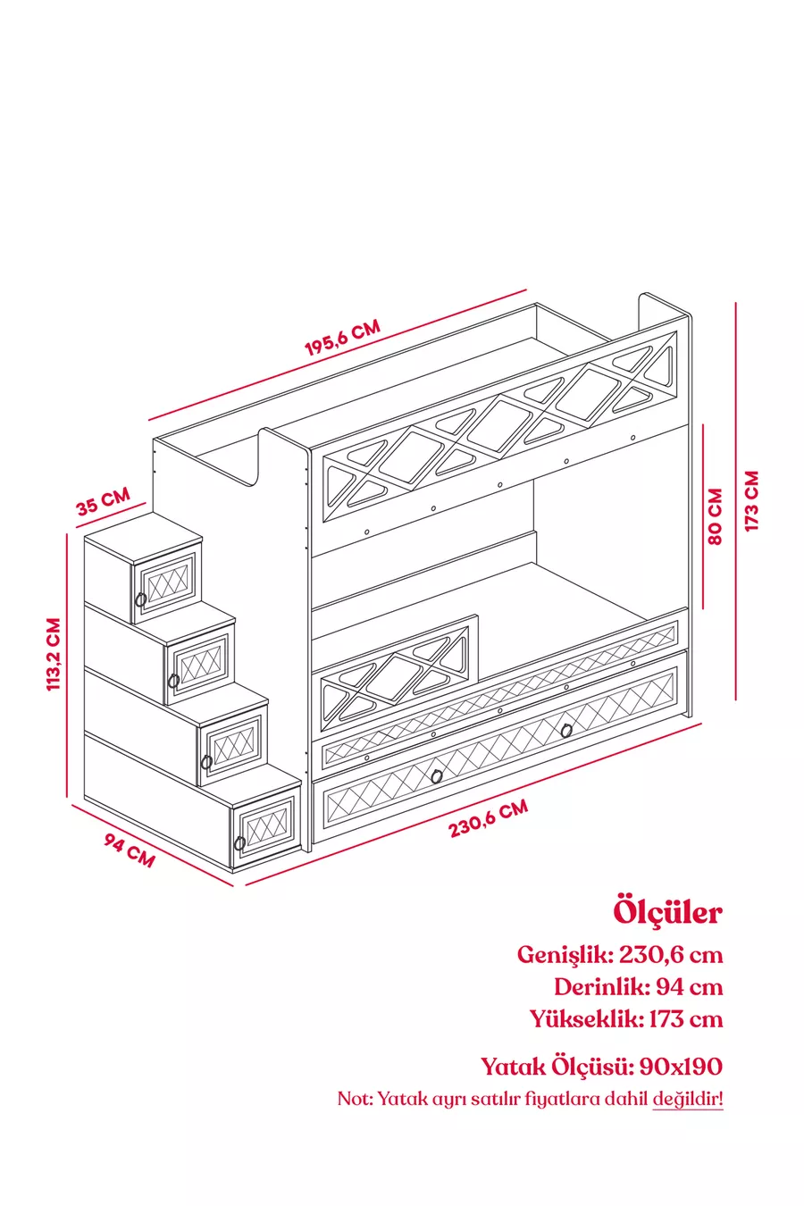 Lits superposés Mars avec tiroirs, anthracite & blanc, structure en acier avec revêtement en membrane, 100% MDF