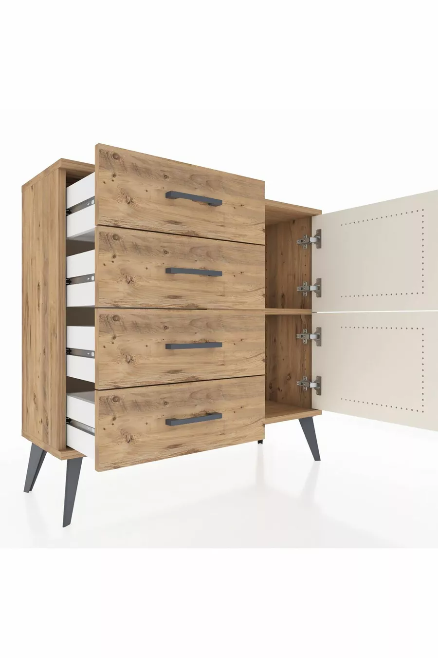Commode Arges avec une seule étagère, 4 tiroirs et 2 portes, Pin-Pierre d'argile/Pin