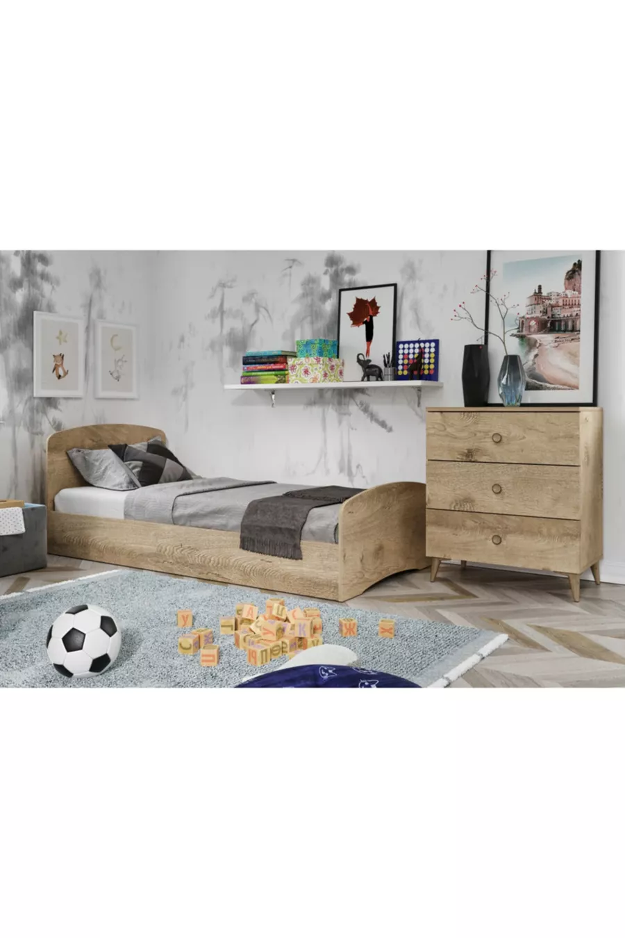 Ensemble de Chambre d'Enfant Soft Chêne - Lit, Armoire à 3 Portes, Commode à 3 Tiroirs, Tout en MDF