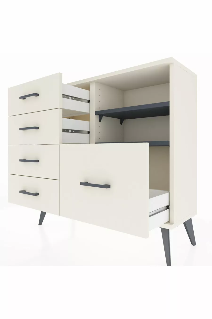 Commode Arges 2 étagères 5 tiroirs Nacré-Anthracite/Nacré