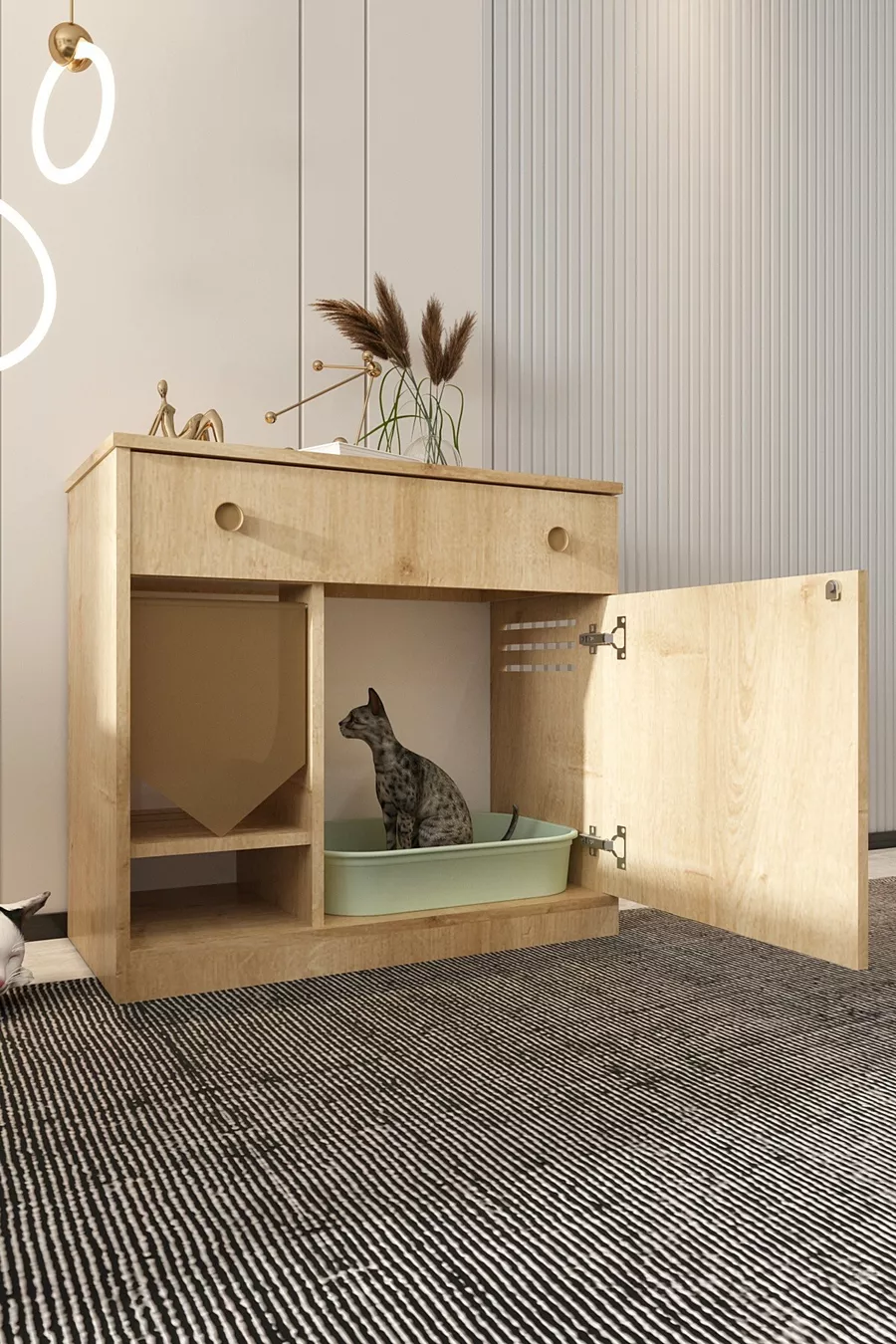 Litière pour chat en bois MONA avec tiroir - couvercle verrouillable - tissu inclus - bac à litière non inclus - CHÊNE SAPHIR
