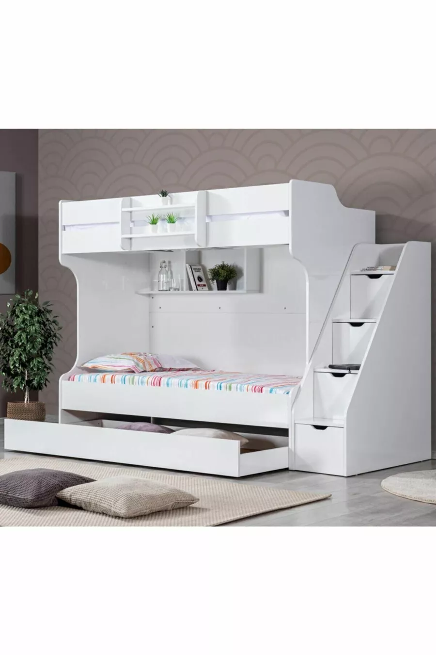Lits superposés, Lit superposé avec tiroirs Kardem - Blanc + 3 matelas Comfort
