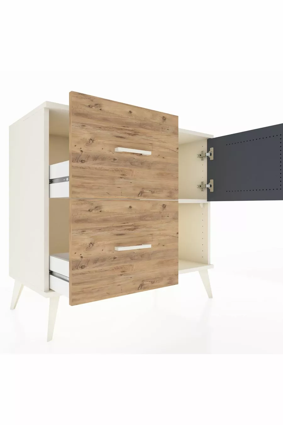 Commode Hyperion avec une seule étagère, 2 tiroirs et une porte, Pierre de Lune-Anthracite/Pin