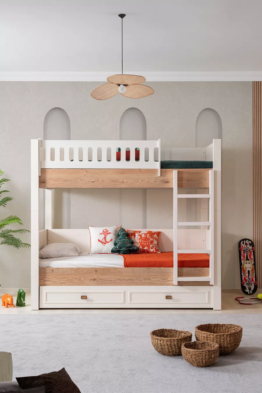 Lits superposés, Lit superposé Zenit avec tiroirs, Armoire à 3 portes, 3 matelas confort