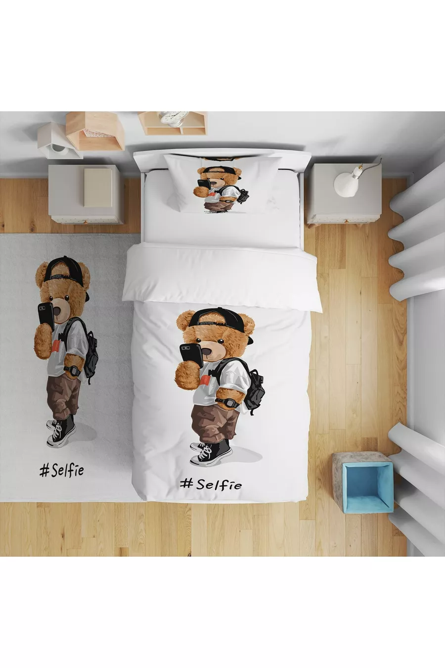 Ensemble pour chambre d'enfant avec ours imprimé numérique (rideau, couvre-lit et oreiller, tapis)
