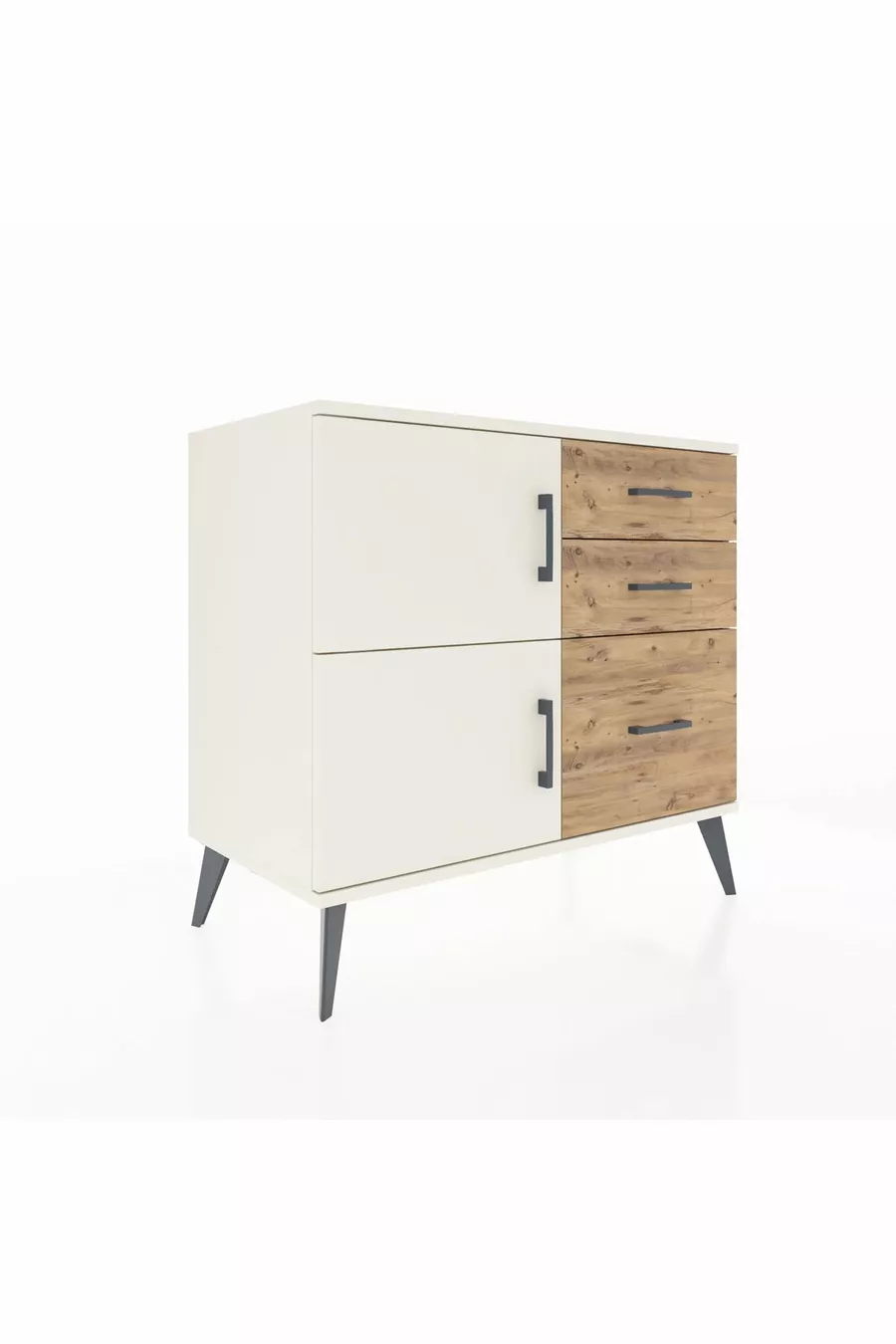Commode Hyperion à une étagère, 3 tiroirs et 2 portes, Pierre de lune / Pin