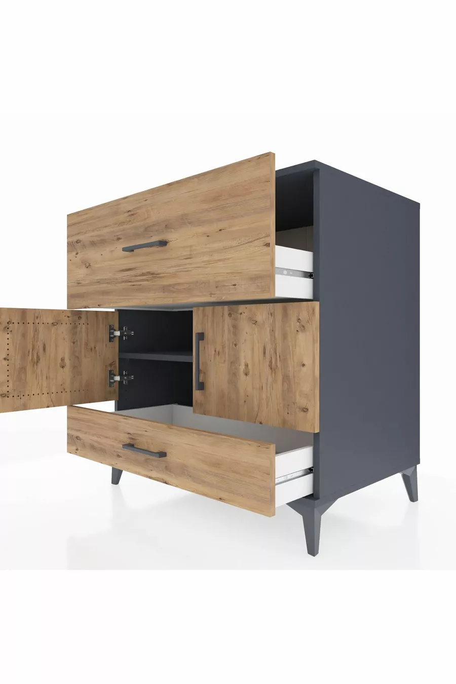 Commode Kronos avec une étagère, 2 tiroirs et 2 portes, anthracite-pin