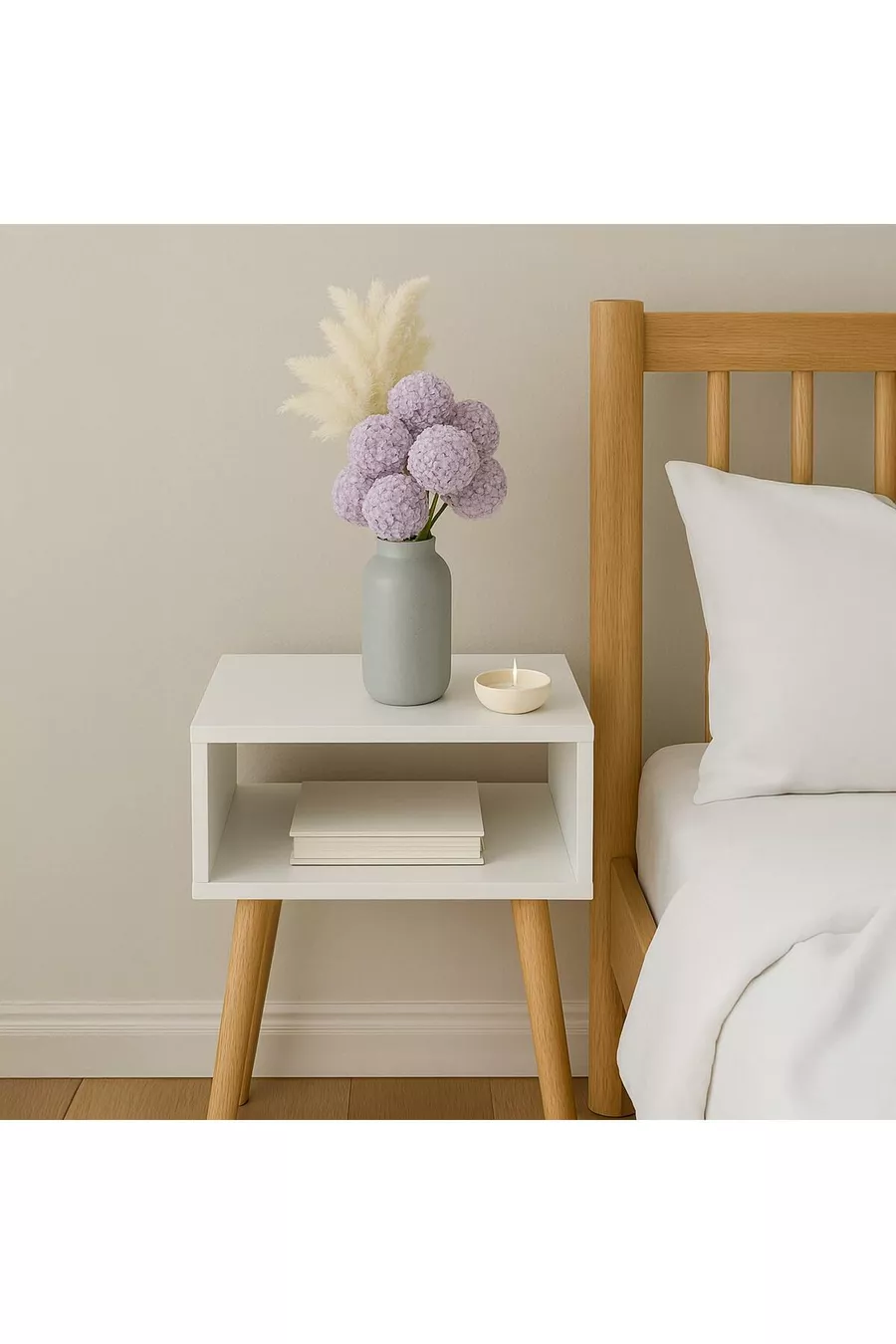 Table de chevet blanche à une étagère, en bois massif avec pied tourné cm