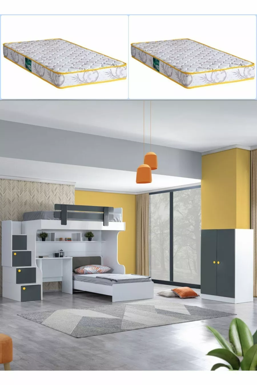 Lit superposé, lit superposé Metris avec table et armoire, 2 matelas Comfort