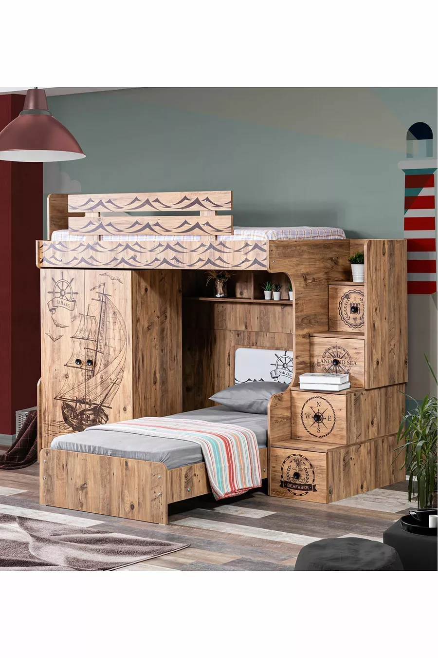 Lits superposés Ranza, Lit superposé Captain Ranza avec armoire et 2 matelas Confort