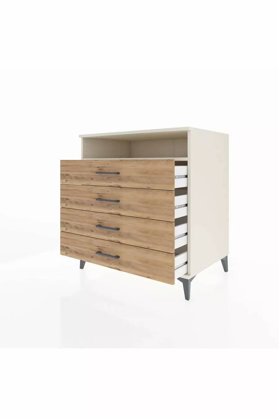 Commode Kronos avec une étagère et 4 tiroirs, Pierre de Lune - Pin