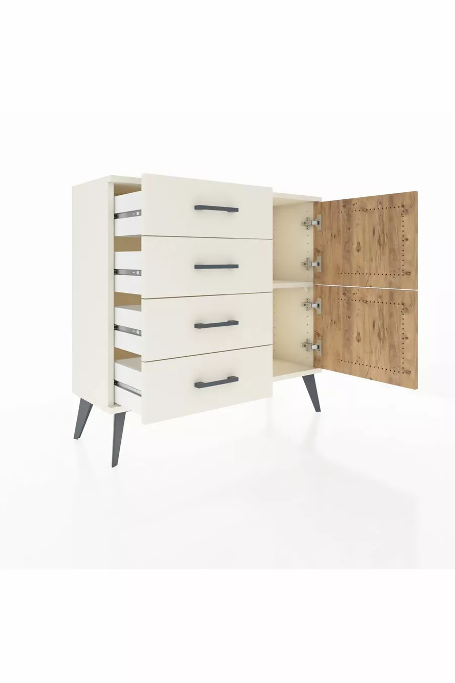 Commode Arges à une étagère, 4 tiroirs et 2 portes, Pierre de lune-Sapin/Pierre de lune