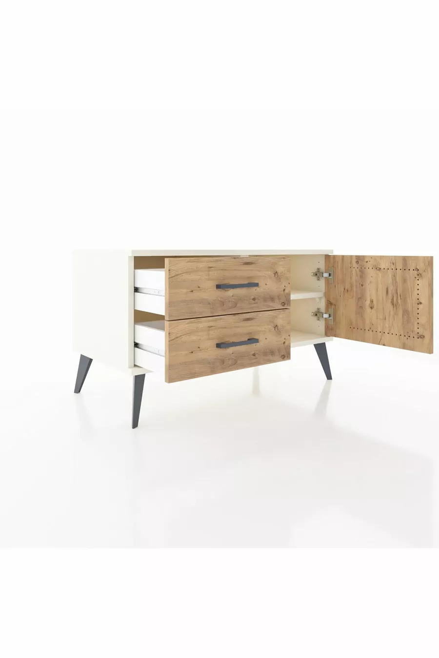 Commode Hyperion à une étagère, 2 tiroirs, 1 porte, Pierre de Lune-Pin