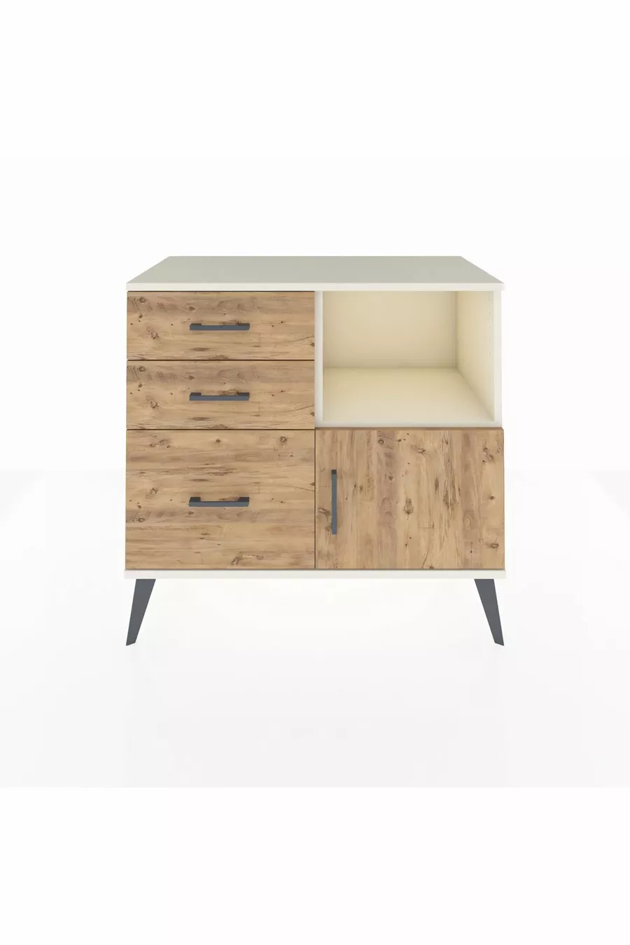 Commode Hyperion à une étagère, 3 tiroirs et une porte, Pierre de lune-Pin