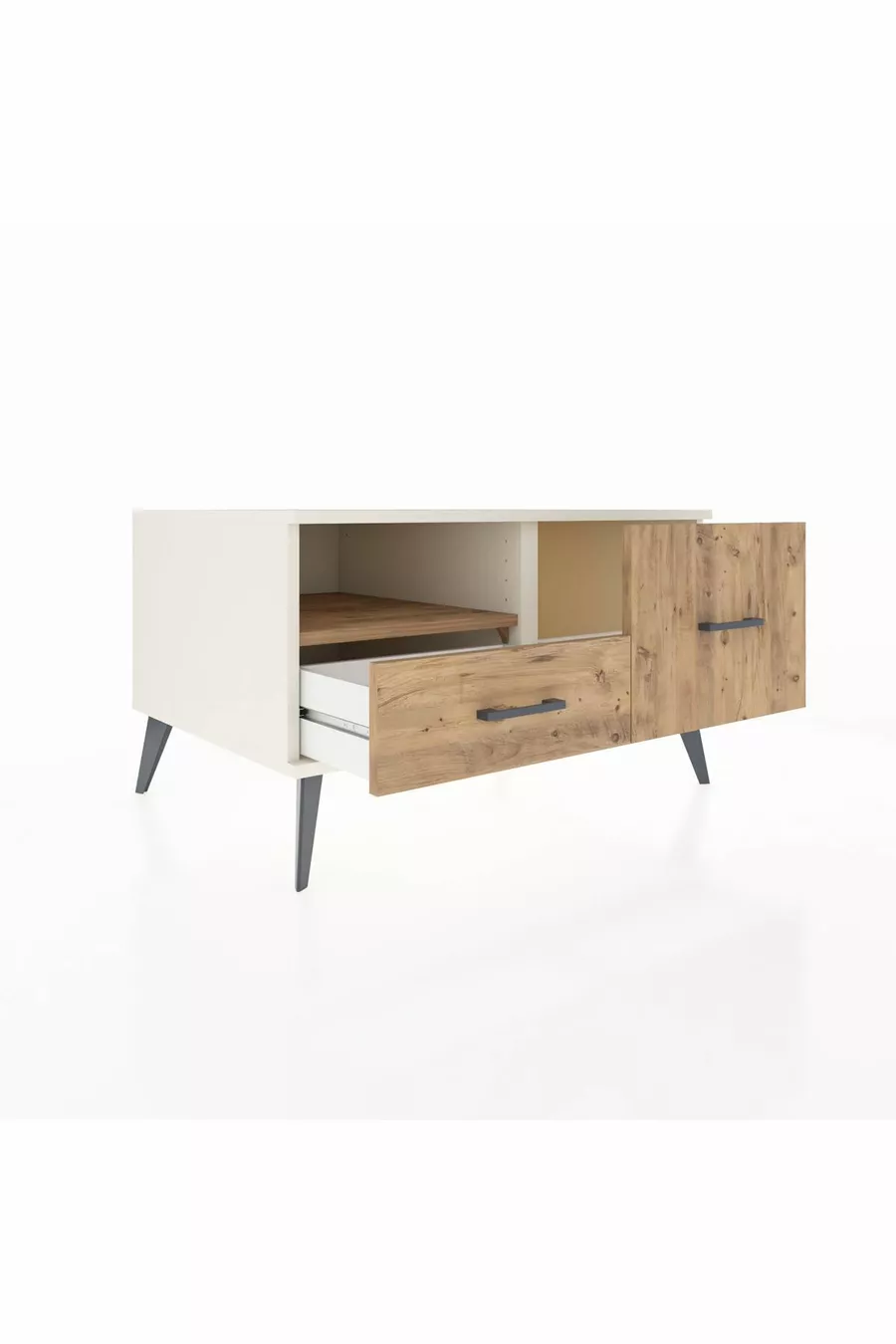 Commode Kronos avec une étagère et 2 tiroirs, Pierre de Lune - Pin