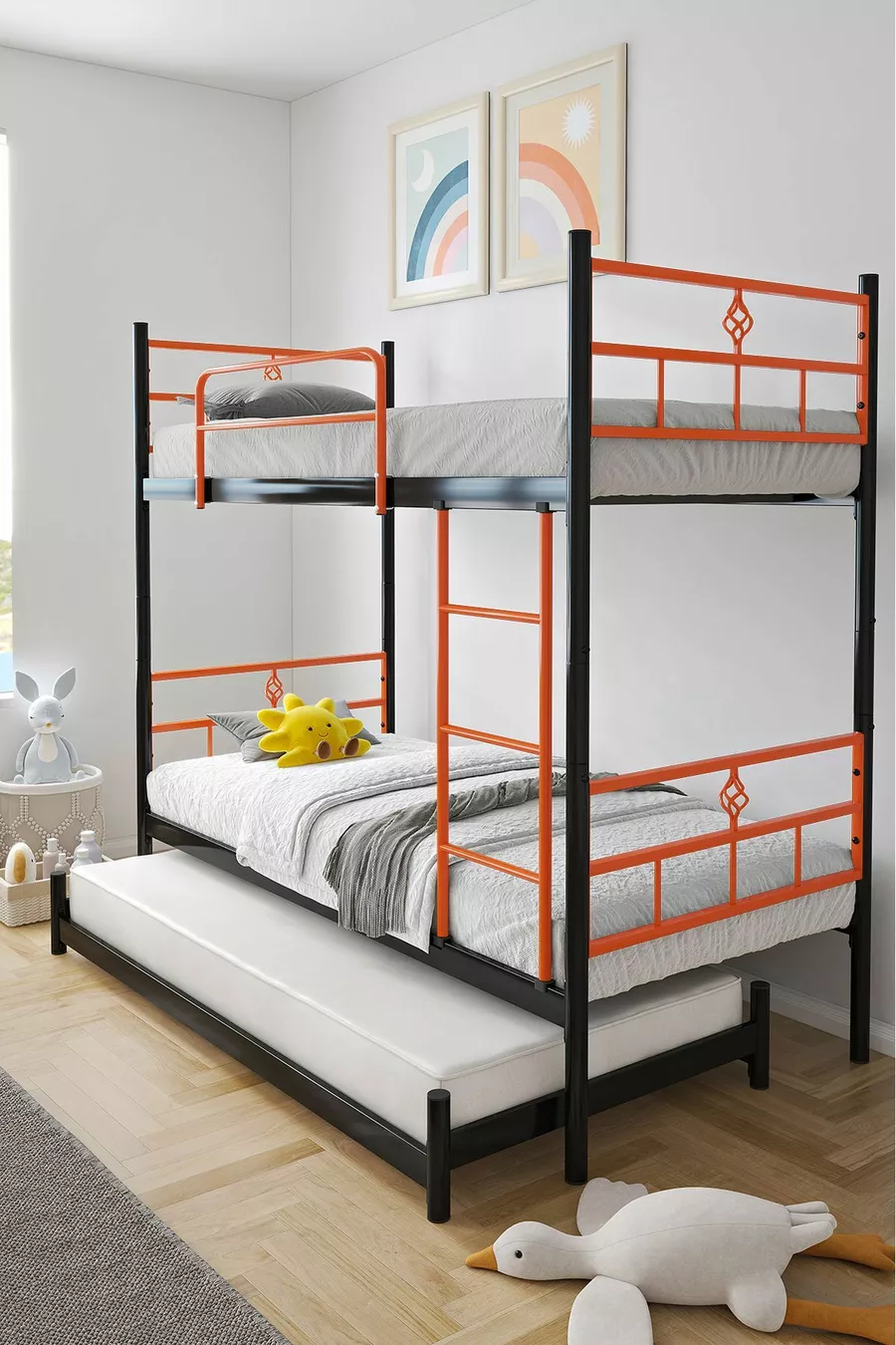 Lit superposé Koza avec tiroirs, compatible avec trois personnes, métal orange