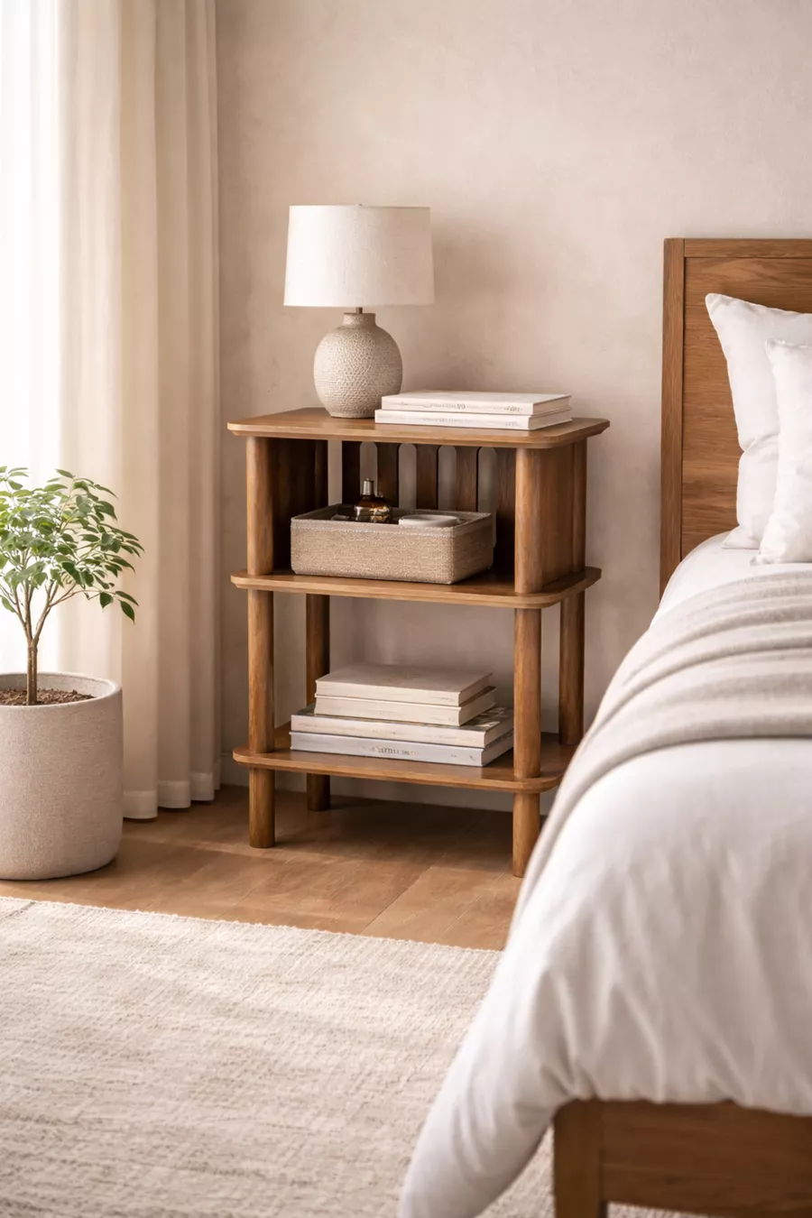 Chevet en noyer Linde Minimaliste en MDF avec pieds en bois ; Chambre à coucher - Salon - Bureau