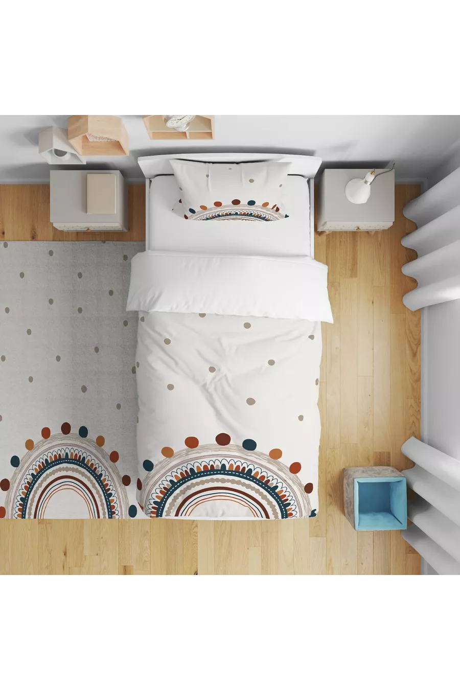 Ensemble chambre d'enfant Arc-en-ciel (rideau de fond - couvre-lit et oreiller - tapis)