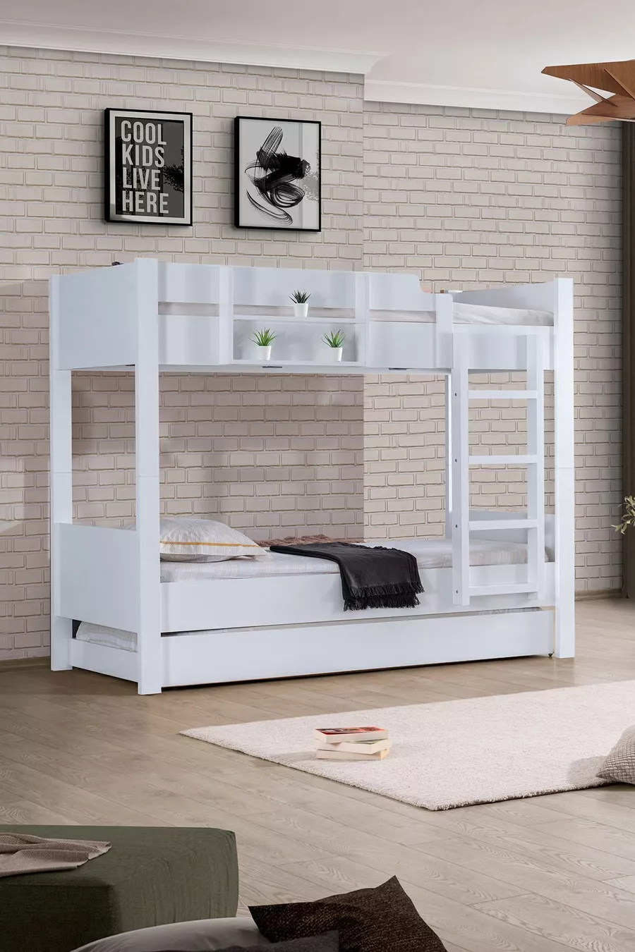 Lits superposés, lits superposés modulables en Asie avec armoire à deux portes, blanc, 2 matelas confort