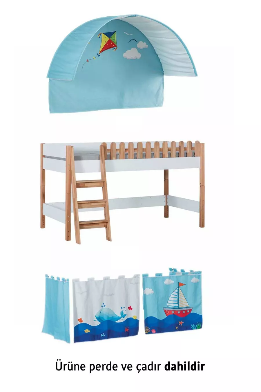 Maison Montessori en bois avec lit et maison de jeu X Bleu