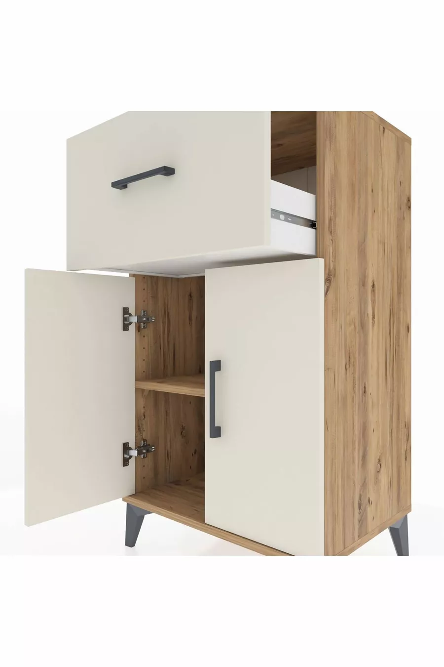 Chevet Hyperion avec une étagère simple, un tiroir et deux portes, en pin et travertin