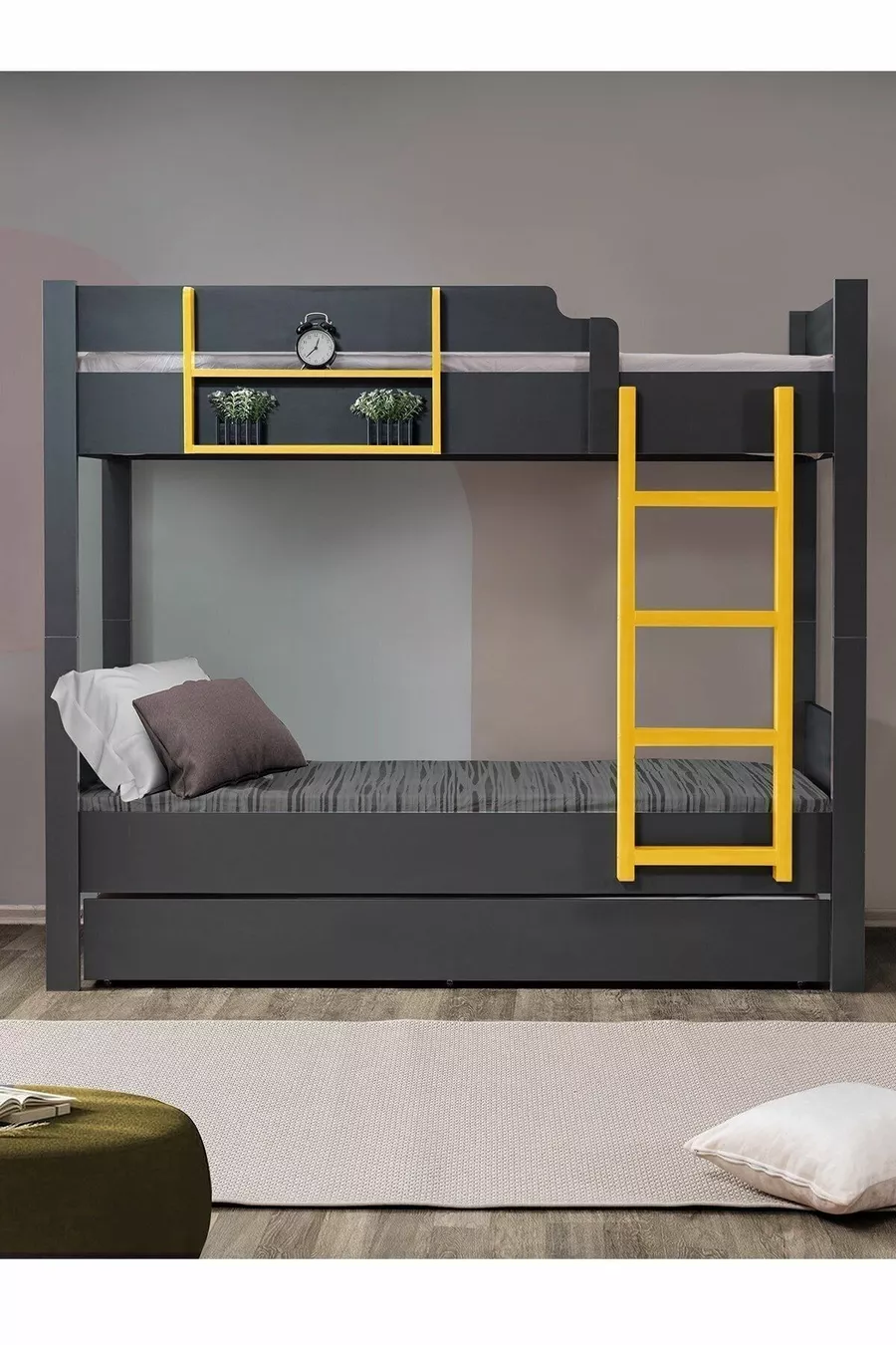 Lits superposés en profil MDF, lit superposé modulable Asya avec trois matelas confort