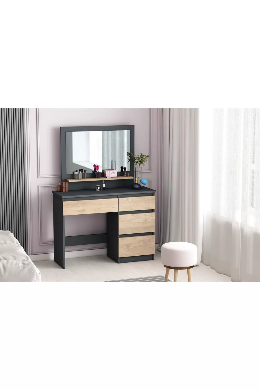 Coiffeuse Duru, 4 tiroirs, avec miroir, étagères, anthracite - Pin Atlantique