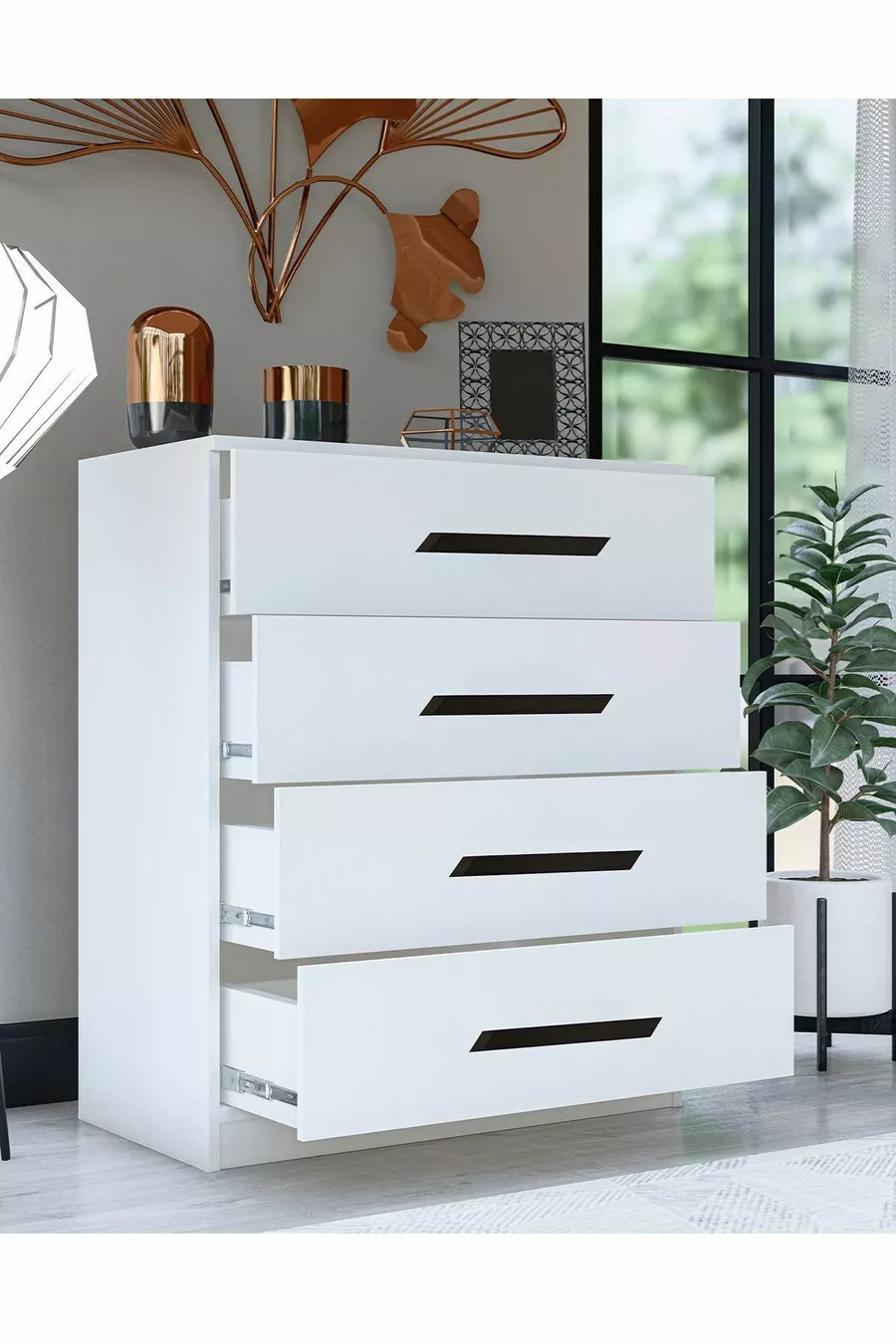 Gm Almina Commode Blanche à 4 Tiroirs avec Poignées Noires