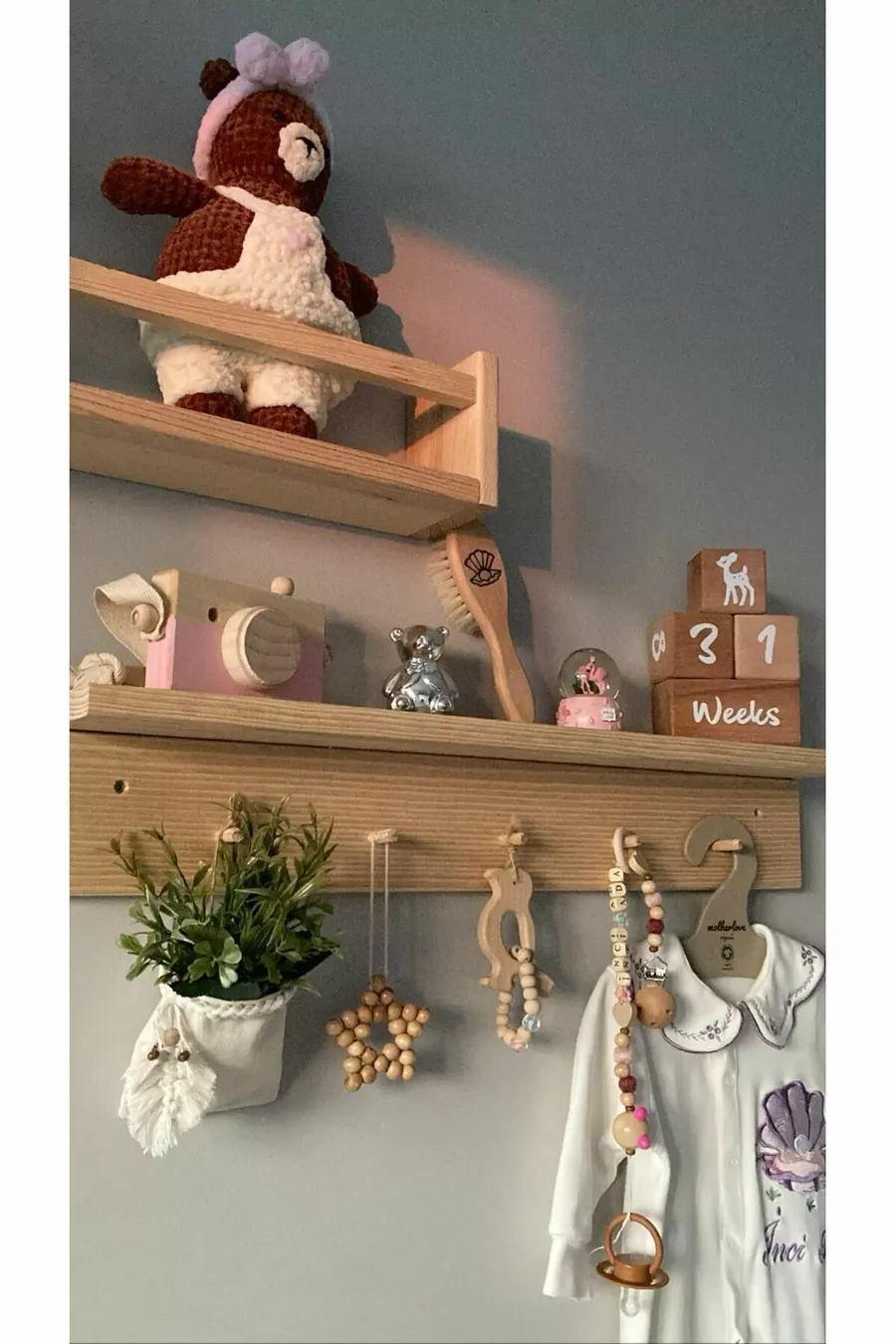 Kayınsan Étagère Murale en Bois Fait Main par 2 | Porte-manteau et Bibliothèque | Montessori cm
