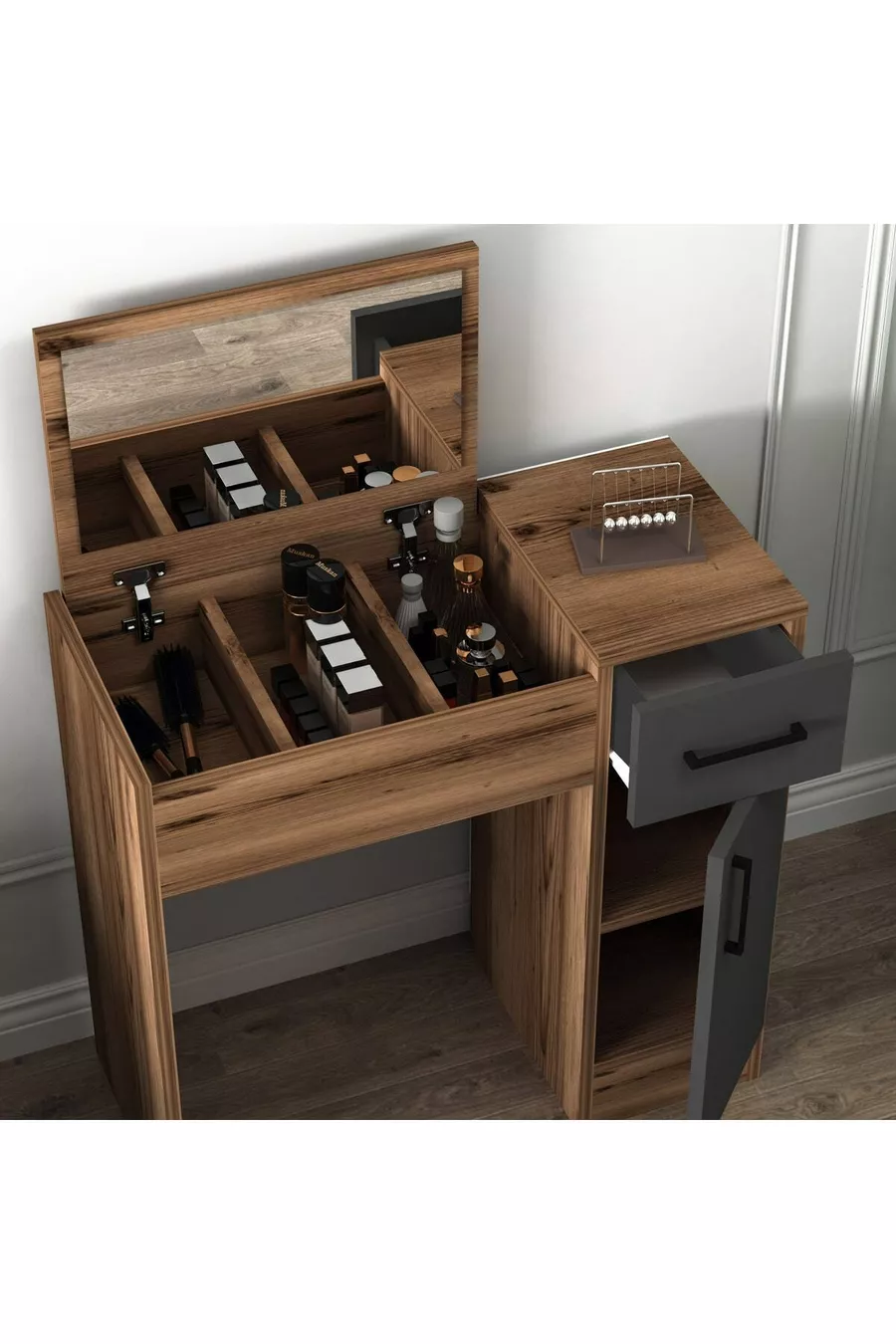 Coiffeuse avec miroir et armoire, couleur noyer et anthracite - Inci, disponible en 4 couleurs différentes