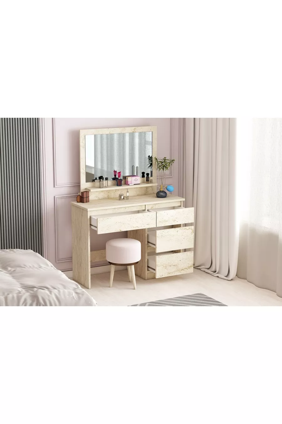 Coiffeuse Duru, 4 tiroirs, avec miroir et étagère, en travertin