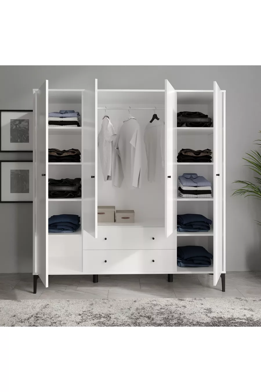 Armoire Focus 4 Portes Blanche (% MDF) - 4 Portes, 2 Tiroirs, Armoire sur Pieds