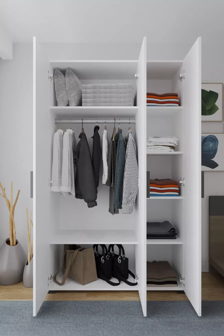 Armoire Niro 3 portes, avec tringle et étagères,  cm, blanc