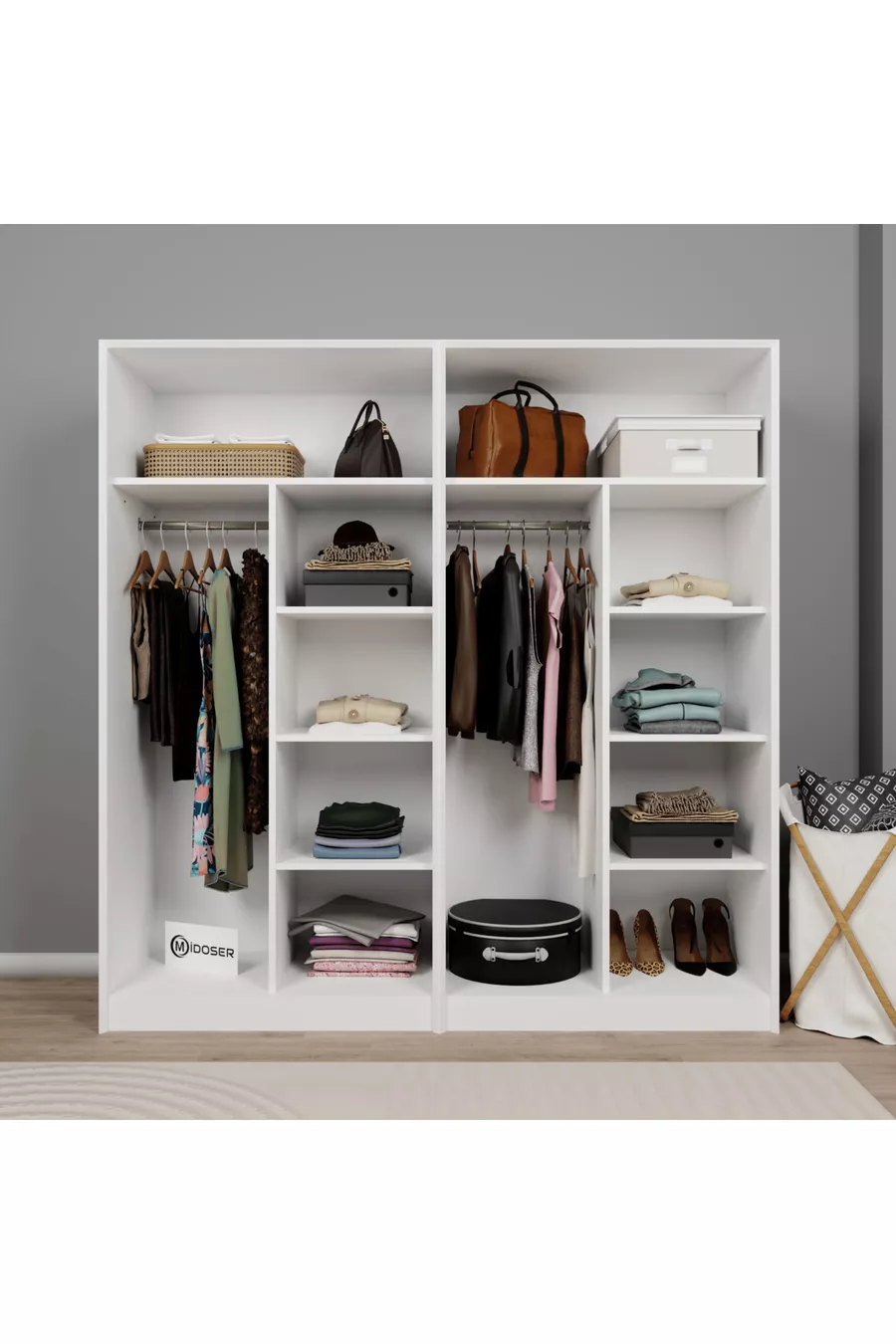 Armoire à vêtements Lucas 4 portes  étagères - Blanc mat