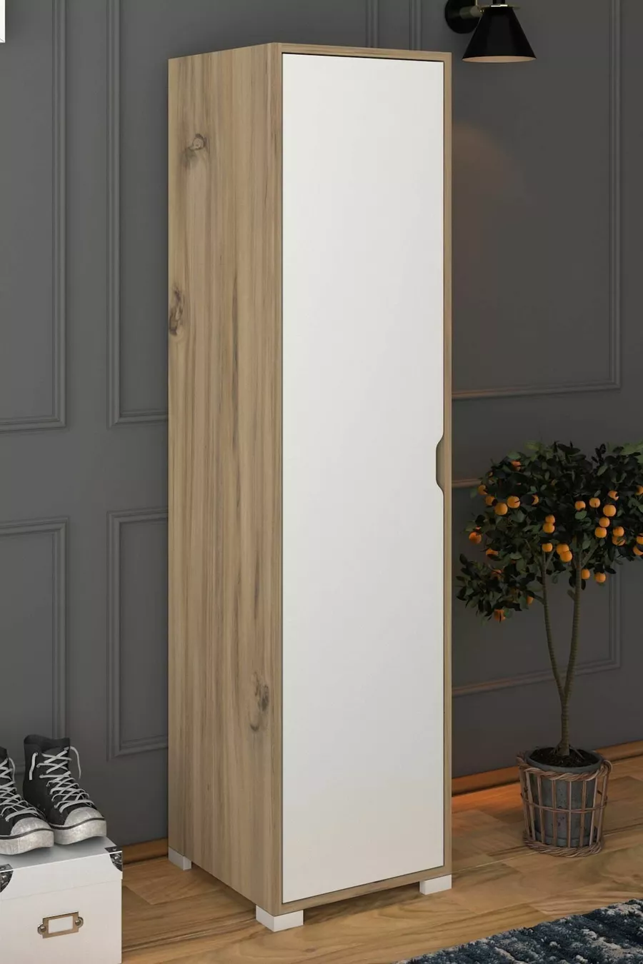 Placard de salle de bain et de vêtements à une porte Nisan  cm en noyer clair et blanc avec 5 étagères - Armoire