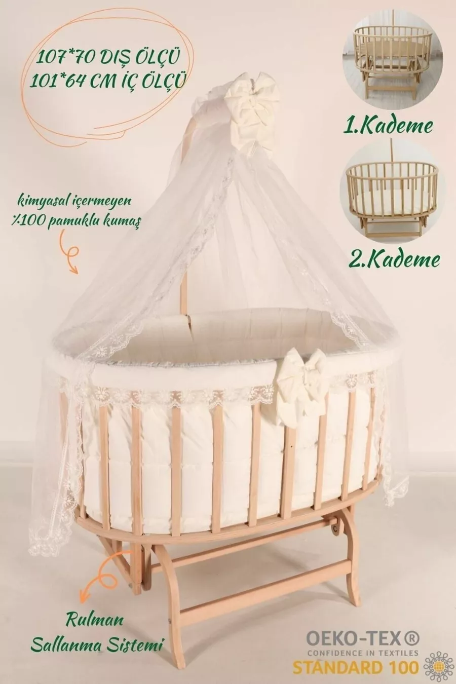 Berceau Amedan Beige avec Parure de Lit en Dentelle Française en Bois Massif