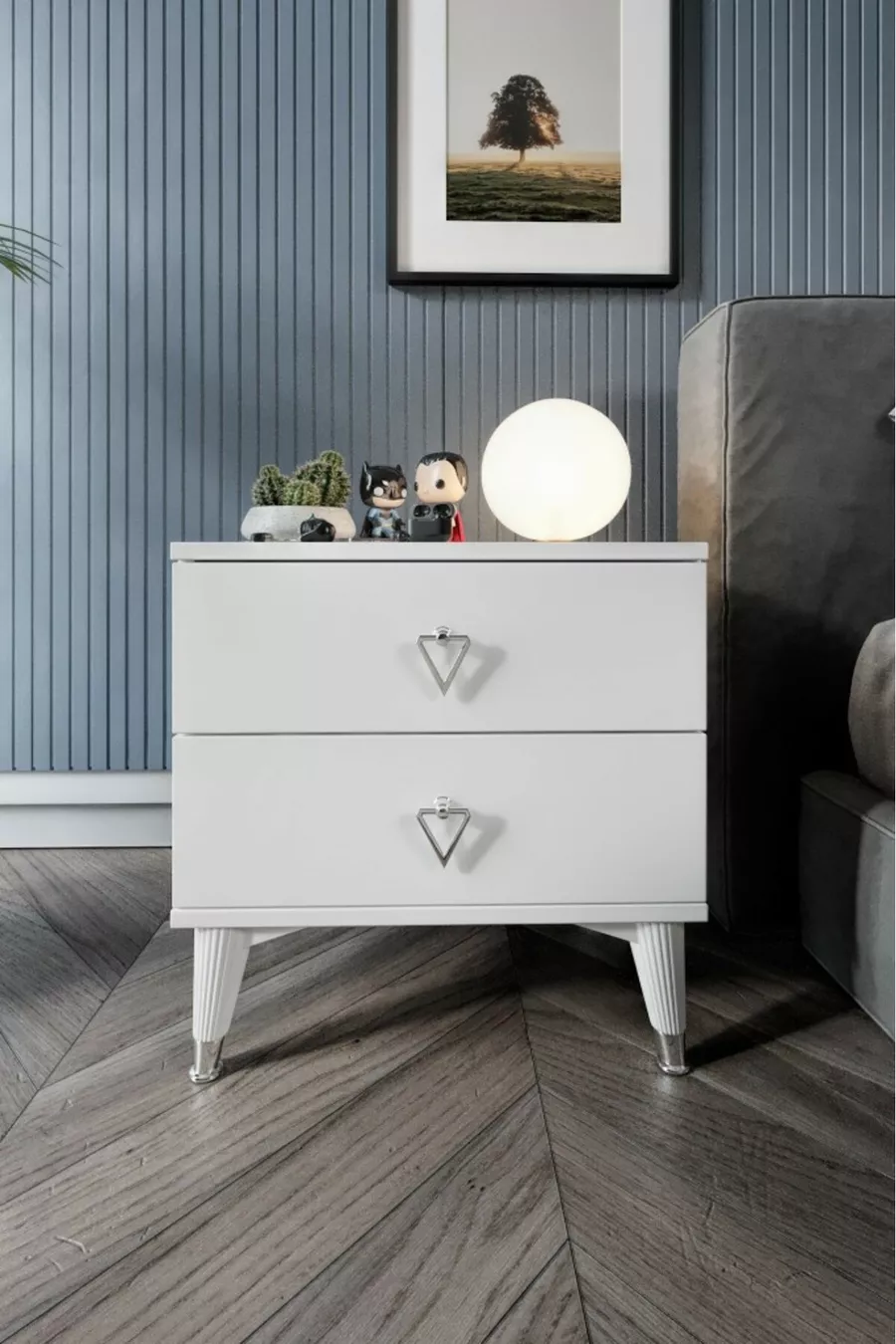 Table de chevet simple à 2 tiroirs Blanc Argent