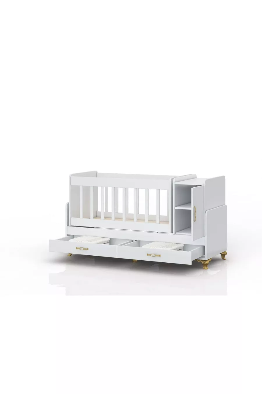 Lit avec barreaux en MDF, lit proche de la maman, avec armoire, tiroirs, évolutif, berceau à bascule X