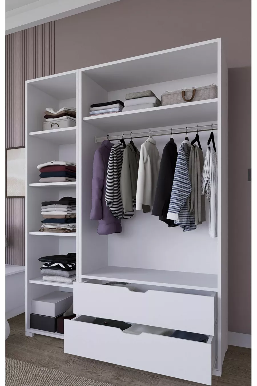Armoire à vêtements Duru Mat Blanc à 3 portes et 2 tiroirs - Ensemble de garde-robe