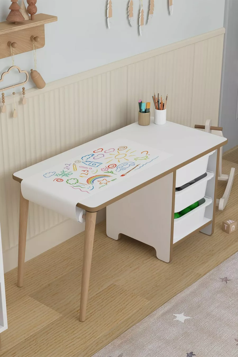 Table d'activité avec rouleau de papier à dessin, bureau pour enfants, armoire à jouets