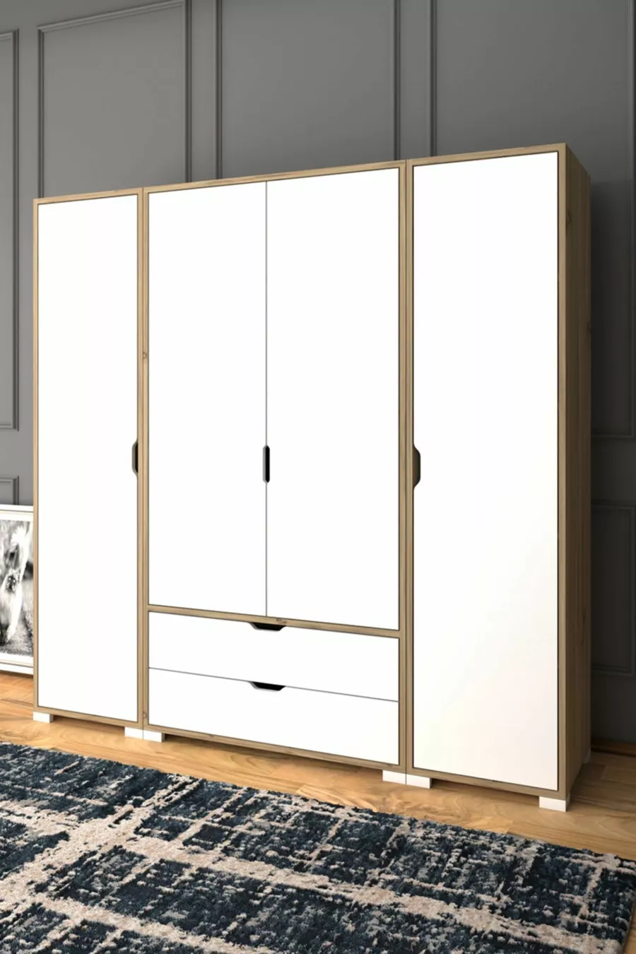 Armoire Nisan Beige clair et blanc à 4 portes et 2 tiroirs - Ensemble de garde-robe