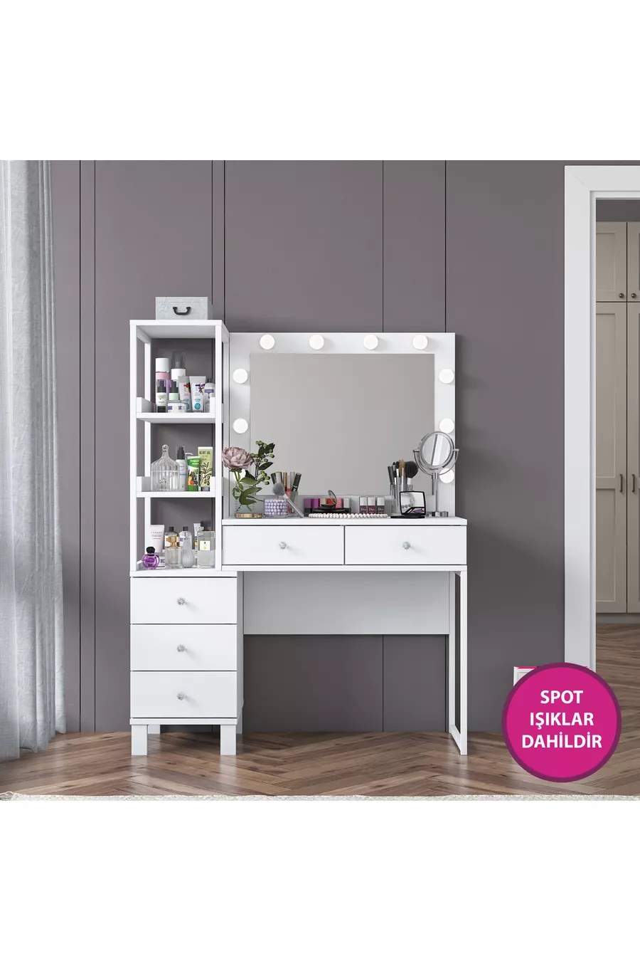Rani Coiffeuse Miroir avec Lumières de Hollywood, 5 Tiroirs avec Étagère, Organisateur de Bijoux, Blanc