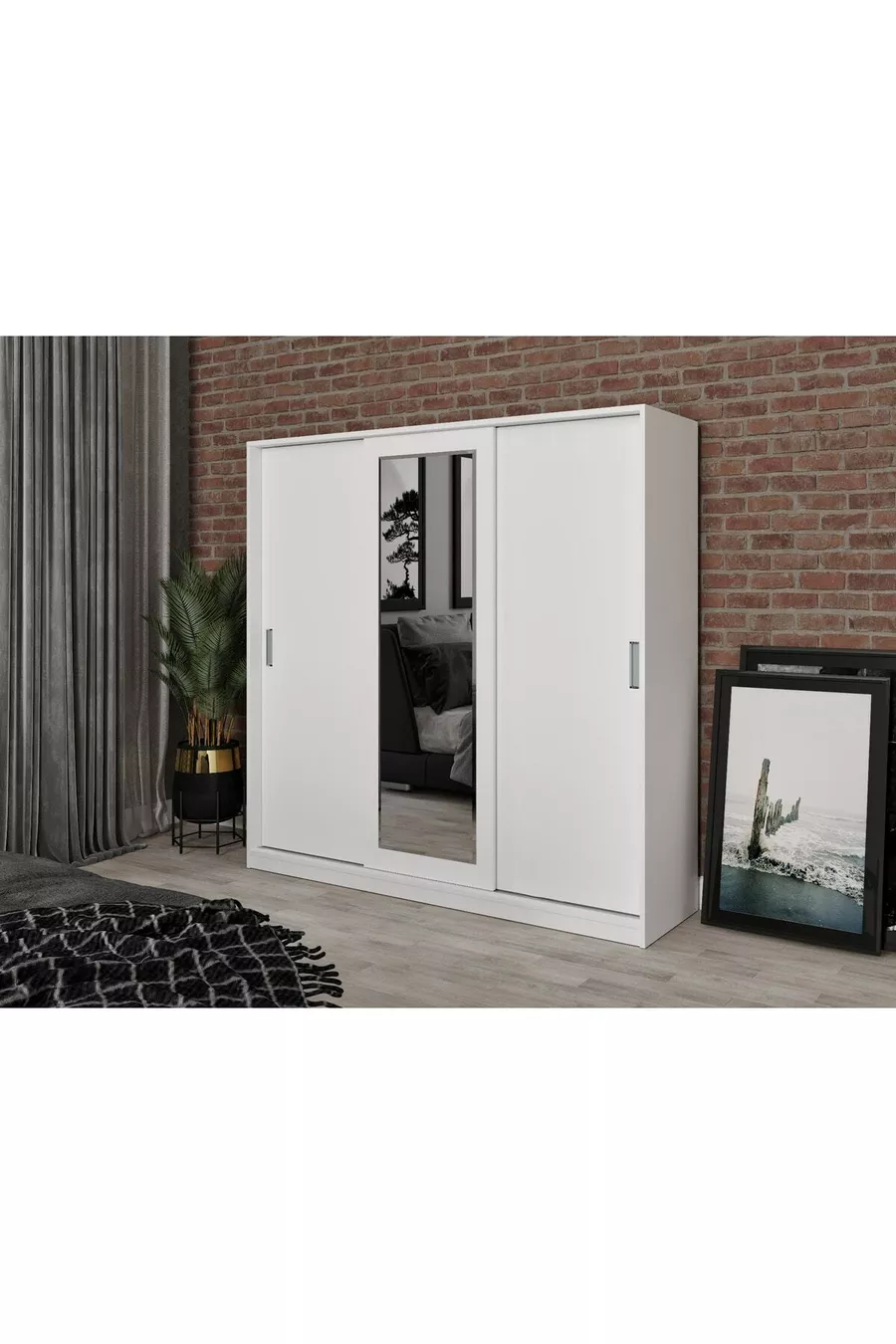 Armoire blanche Samira en MDF avec portes coulissantes et miroir, 3 portes