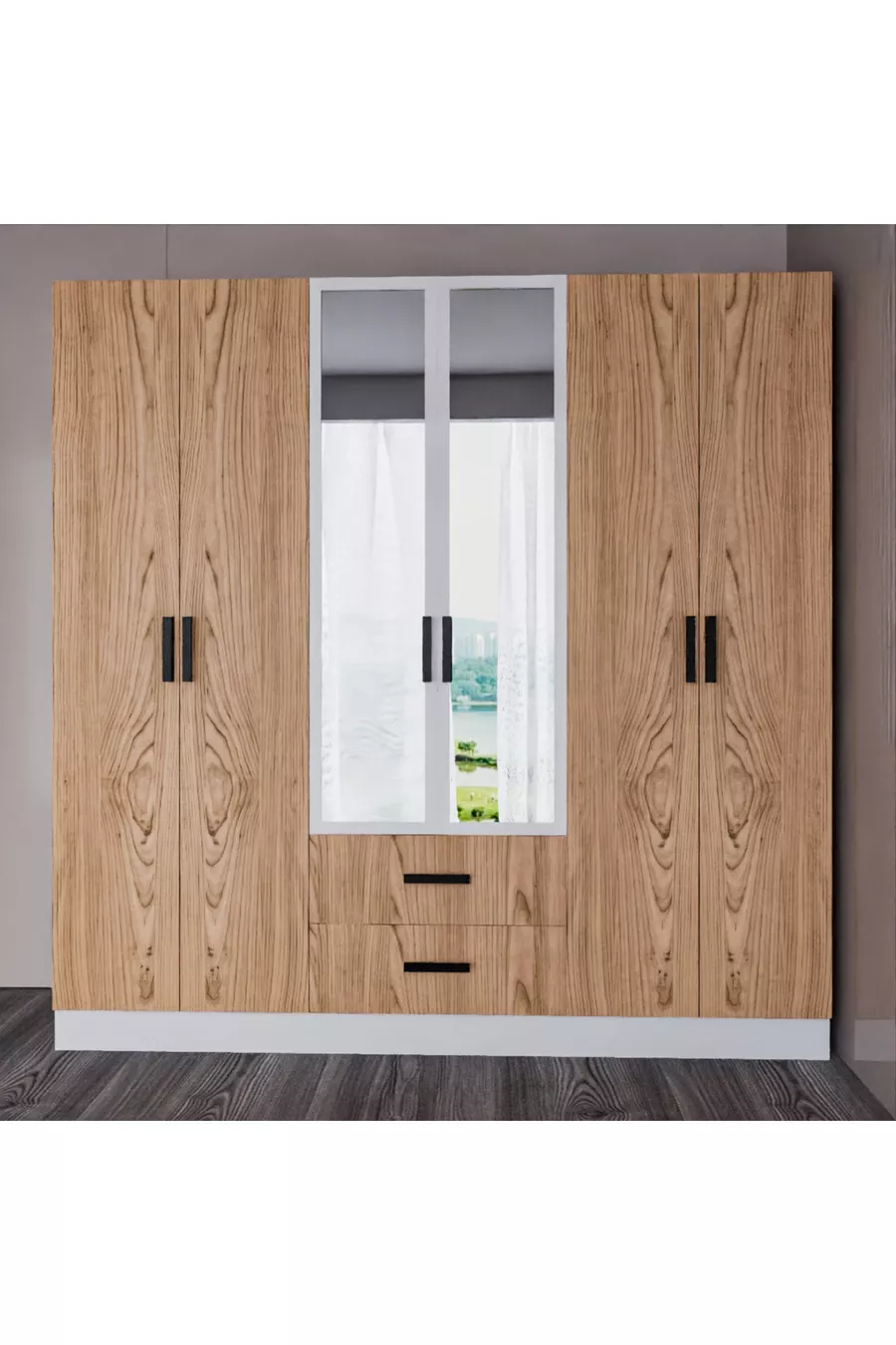 Valeria Armoire 6 Portes 2 Tiroirs Grande Armoire & Armoire à Miroir Pin Atlantique & Blanc
