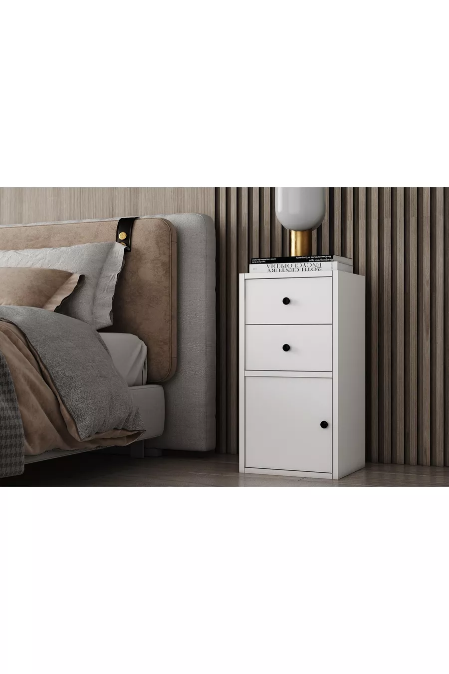 Table de chevet moderne blanche Eva à deux tiroirs et une porte