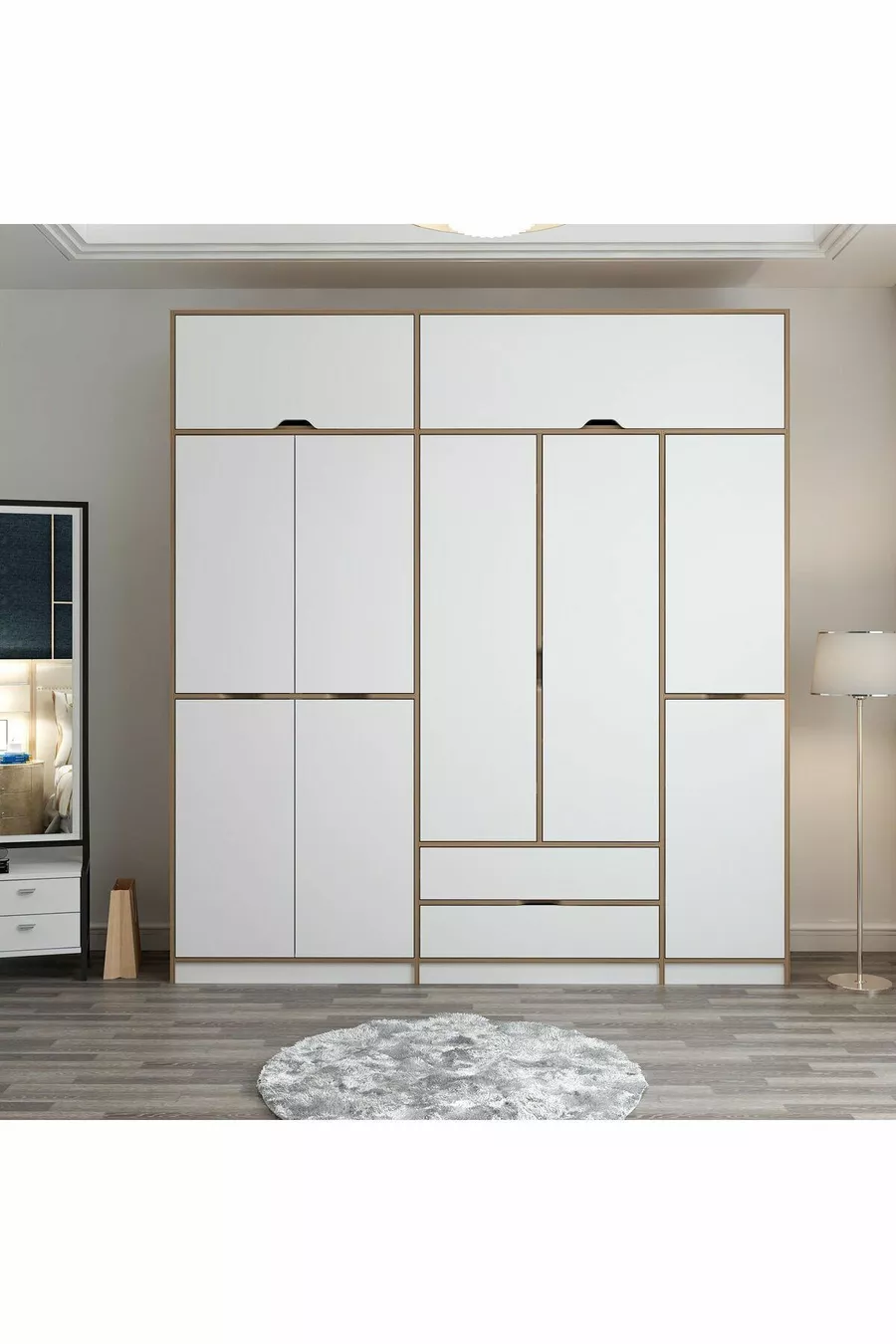 Armoire Elina à 5 portes avec penderie - Doré/Blanc