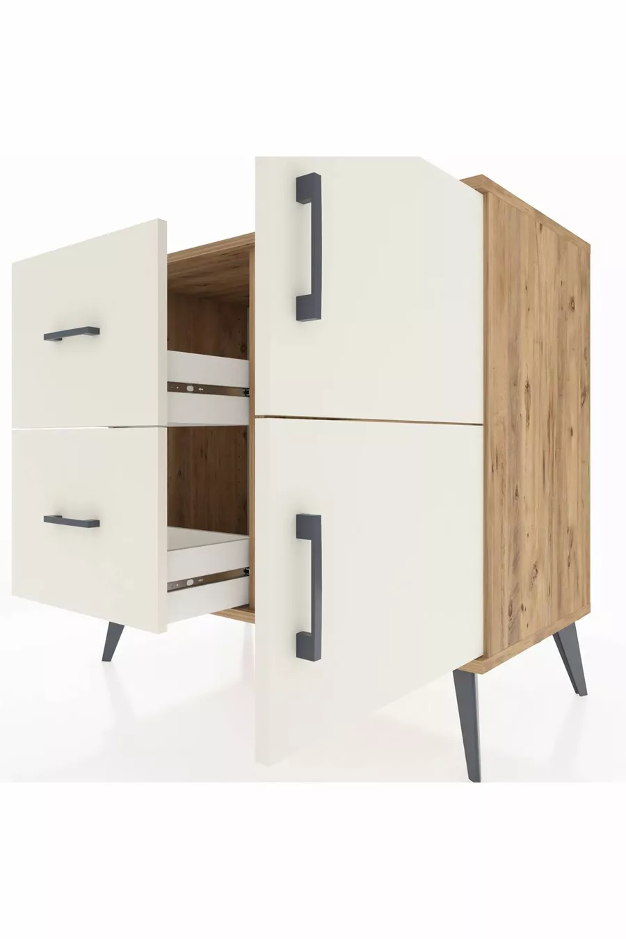 Commode Hyperion à une étagère, 2 tiroirs et 2 portes, pin-jaspe