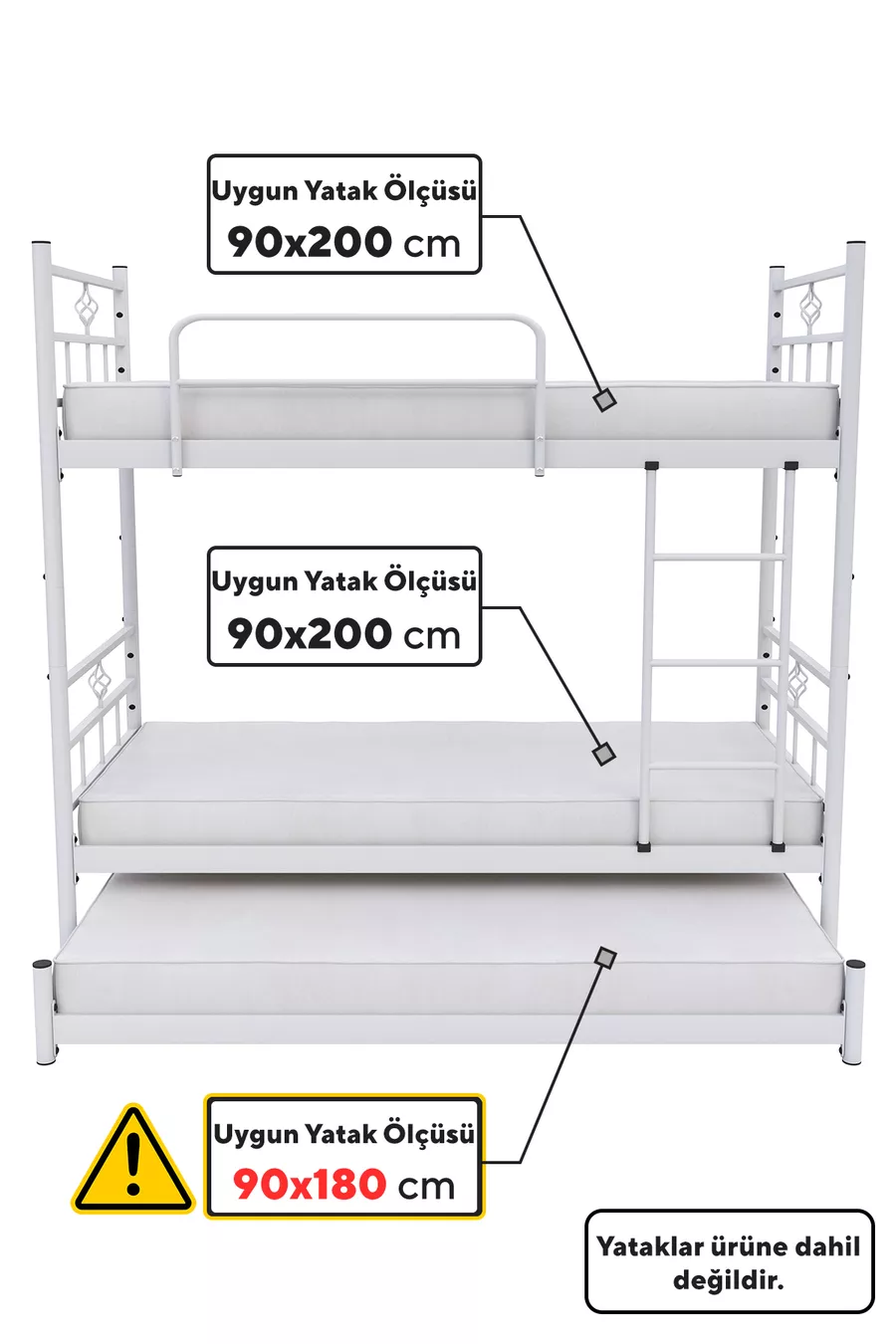 Lit superposé Koza avec tiroir, compatible pour 3 personnes, métal blanc