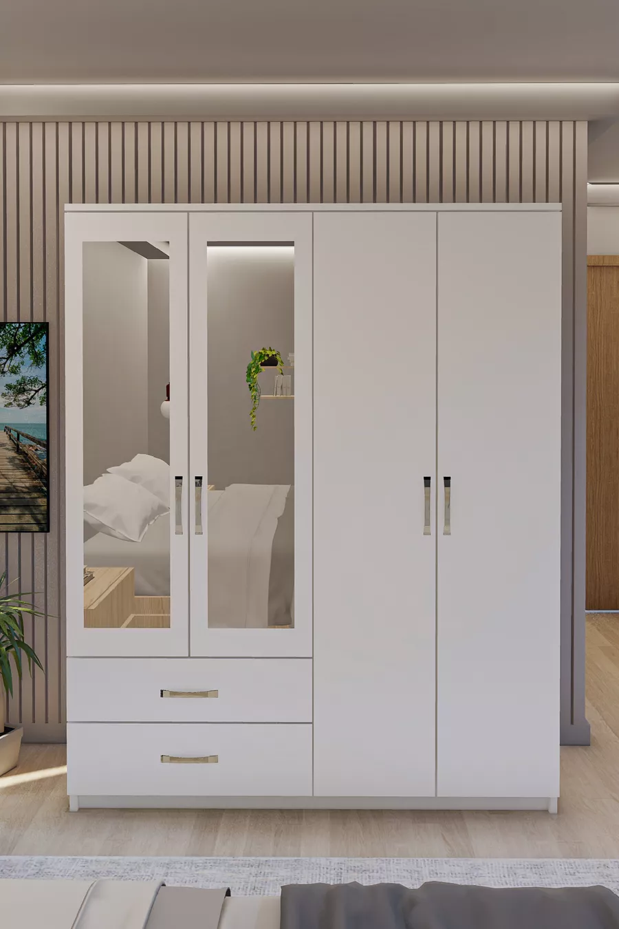 Gm  Diva Armoire Blanche à 4 Portes et 2 Tiroirs avec Miroir